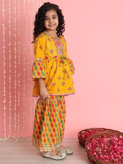 Frock Style Cotton Fabric Orange Color Printed Kurta And Sharara