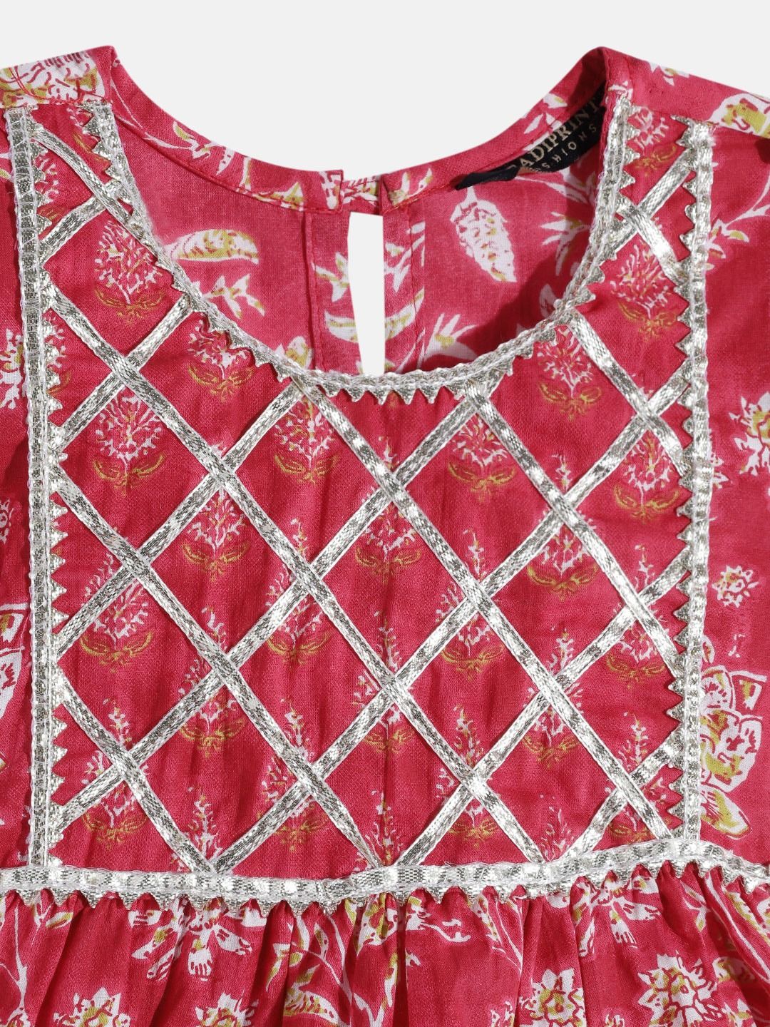 Frock Style Cotton Fabric Red Color Printed Kurta And Sharara With Dupatta
