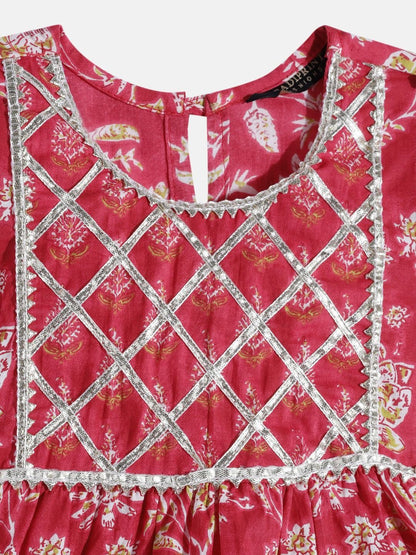 Frock Style Cotton Fabric Red Color Printed Kurta And Sharara With Dupatta