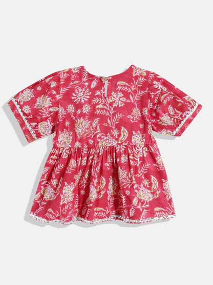 Frock Style Cotton Fabric Red Color Printed Kurta And Sharara With Dupatta