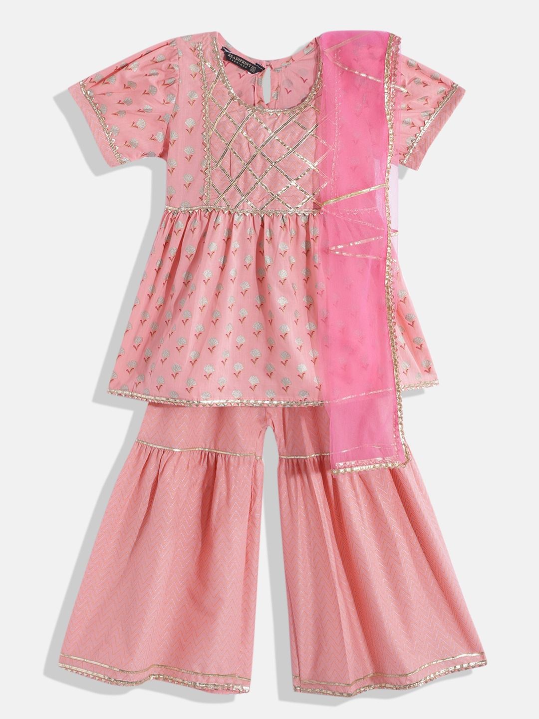 Frock Style Cotton Fabric Pink Color Kurta With Sharara And Dupatta