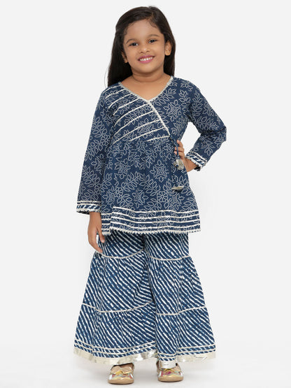 Angrakha Style Cotton Fabric Blue Color Printed Kurta With Sharara