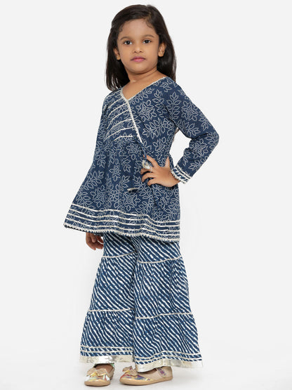 Angrakha Style Cotton Fabric Blue Color Printed Kurta With Sharara