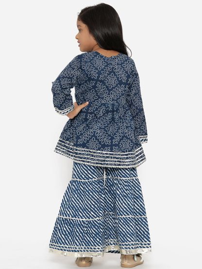 Angrakha Style Cotton Fabric Blue Color Printed Kurta With Sharara