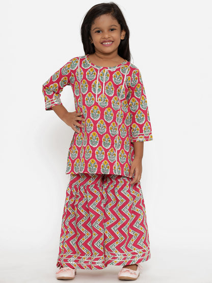 A Line Style Cotton  Fabric Pink Color Printed Kurta With Sharara