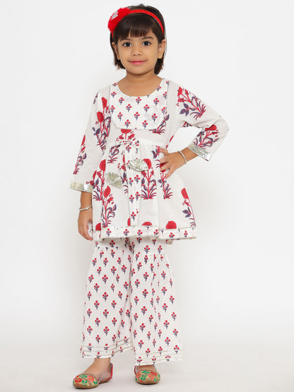 Frock Style Cotton  Fabric White Color Printed Kurta With Sharara