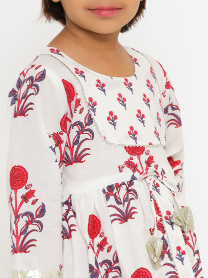 Frock Style Cotton  Fabric White Color Printed Kurta With Sharara