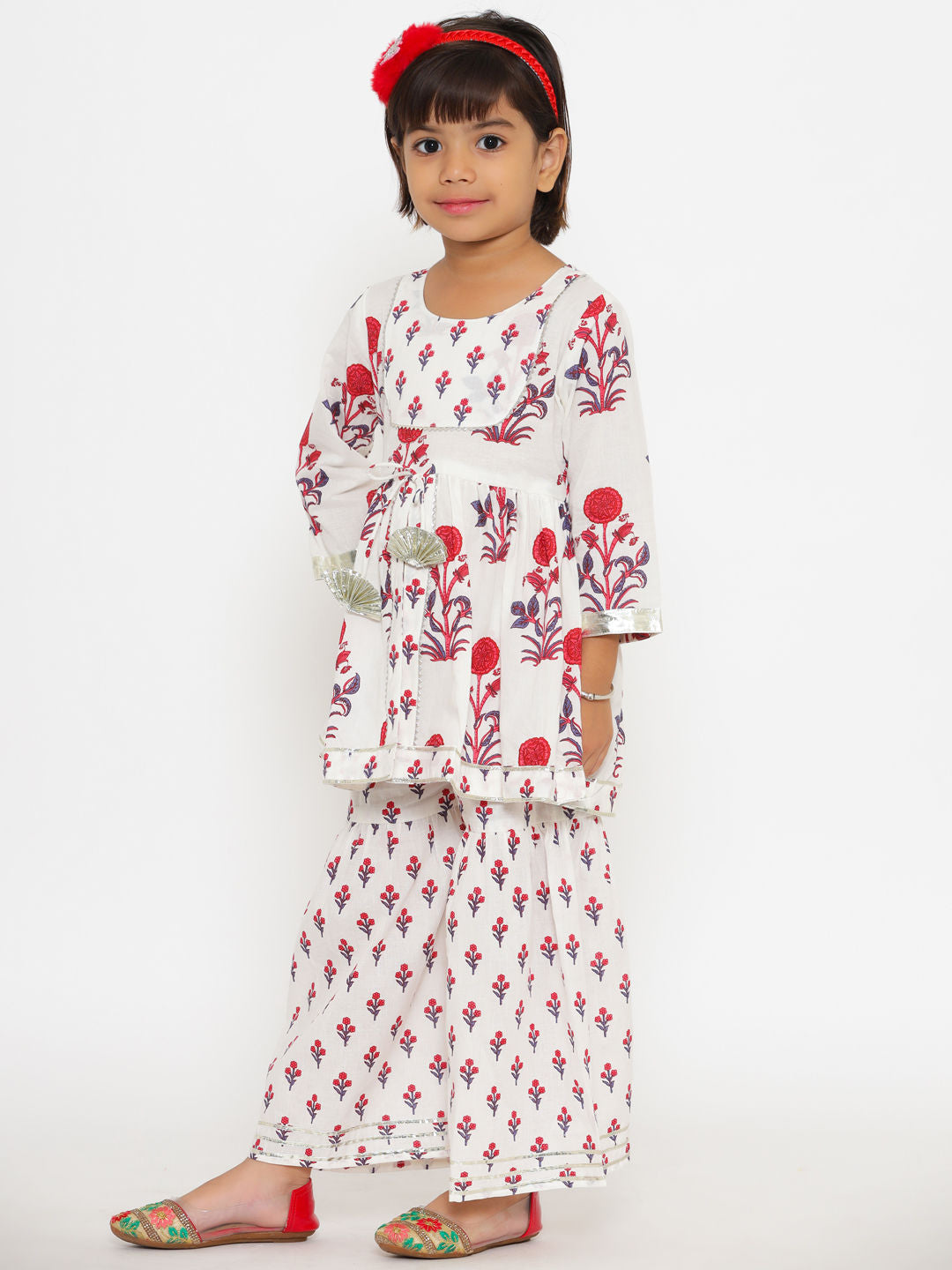 Frock Style Cotton  Fabric White Color Printed Kurta With Sharara