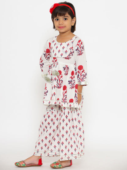 Frock Style Cotton  Fabric White Color Printed Kurta With Sharara