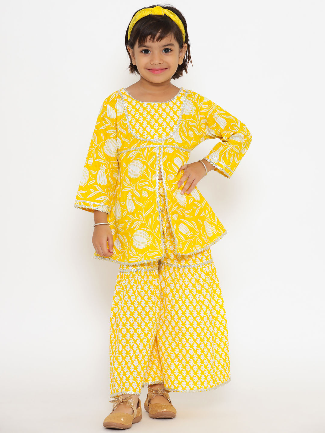 A Line Yellow Color Cotton Kurta With Sharara