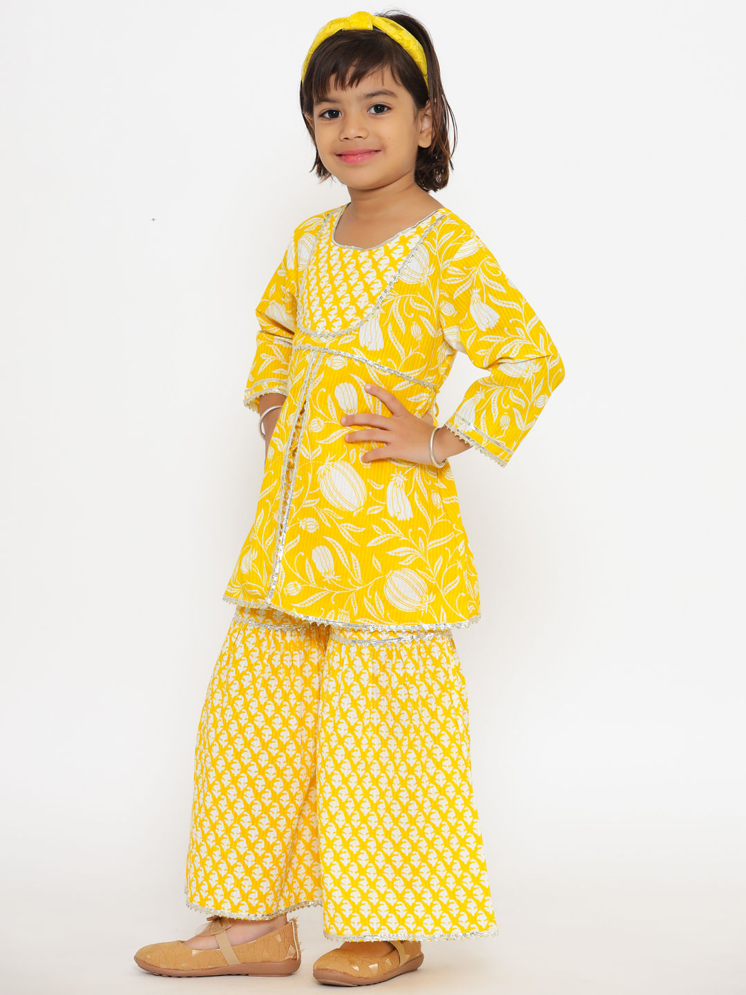 A Line Yellow Color Cotton Kurta With Sharara