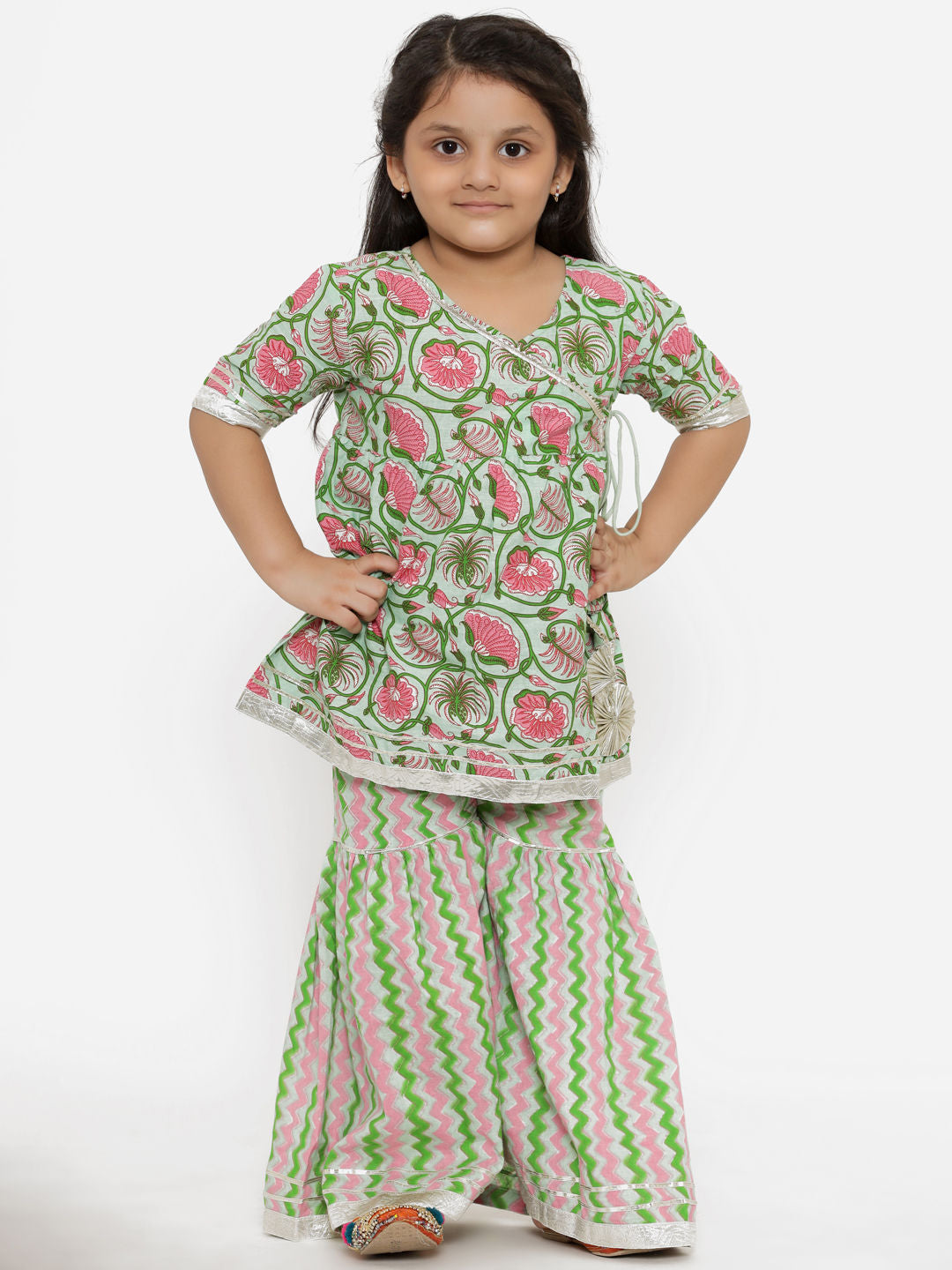 A Line Gathered Green  Color Cotton Kurta With Sharara