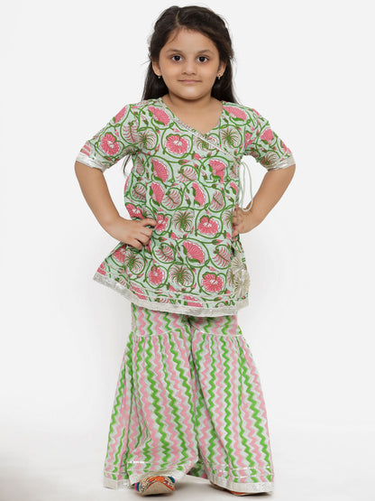 A Line Gathered Green  Color Cotton Kurta With Sharara
