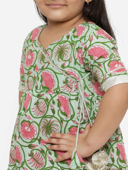 A Line Gathered Green  Color Cotton Kurta With Sharara