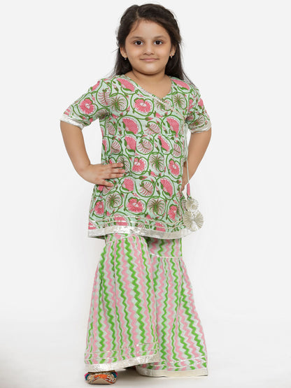 A Line Gathered Green  Color Cotton Kurta With Sharara