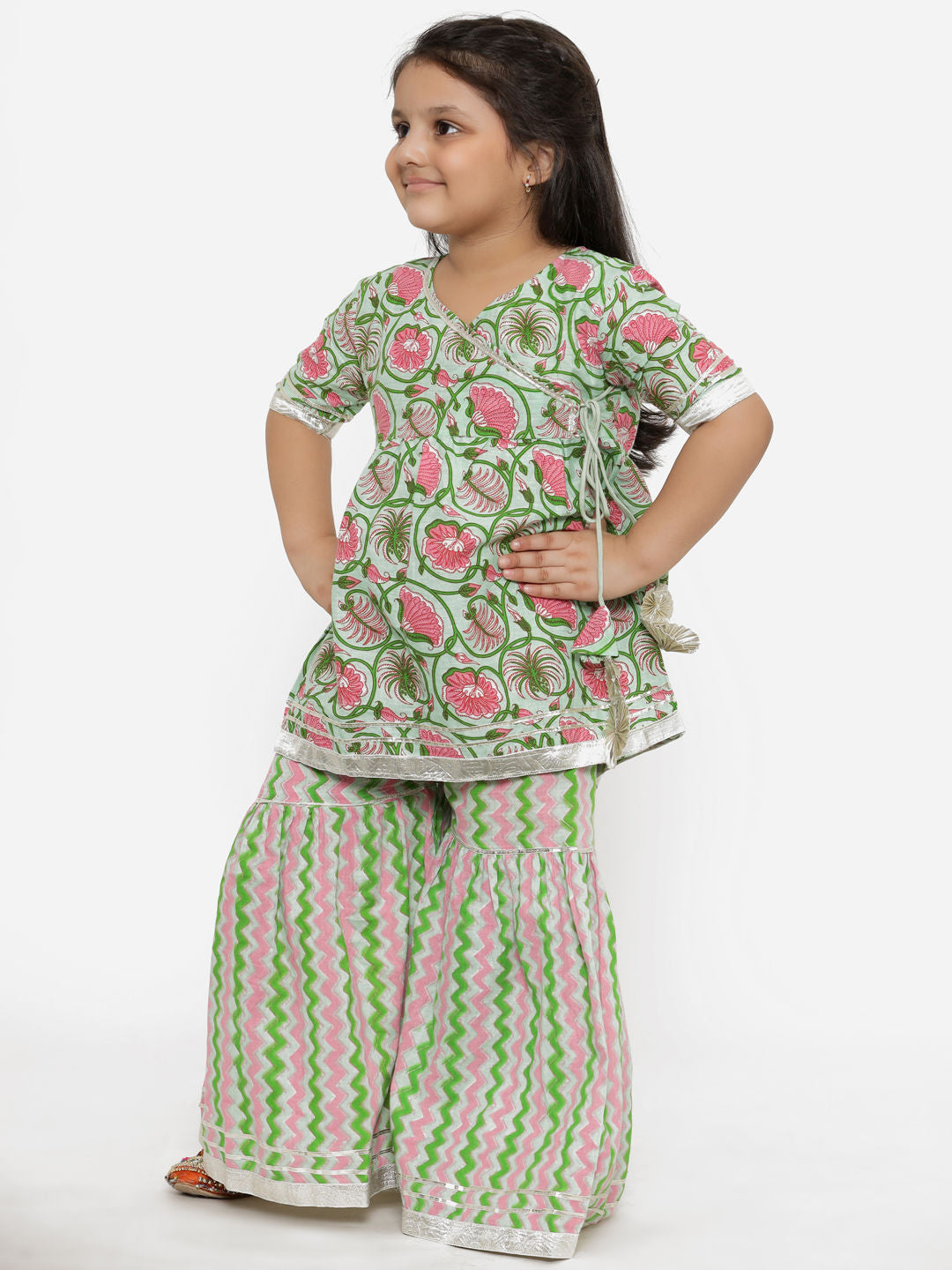 A Line Gathered Green  Color Cotton Kurta With Sharara