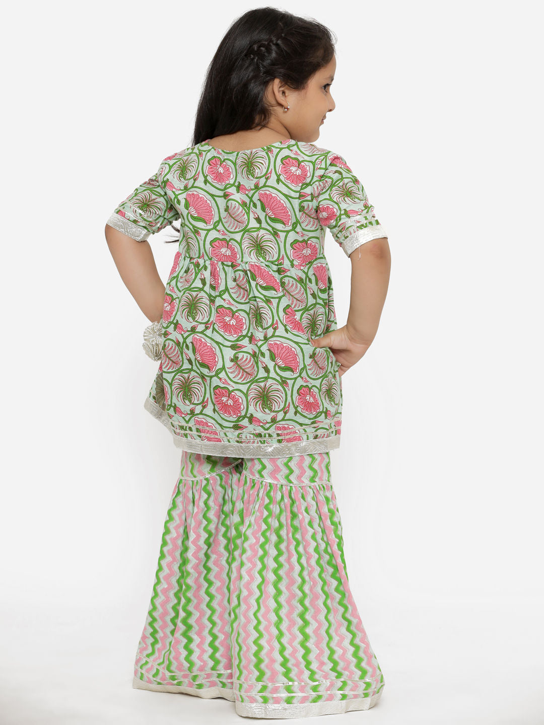 A Line Gathered Green  Color Cotton Kurta With Sharara