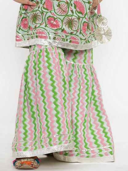 A Line Gathered Green  Color Cotton Kurta With Sharara