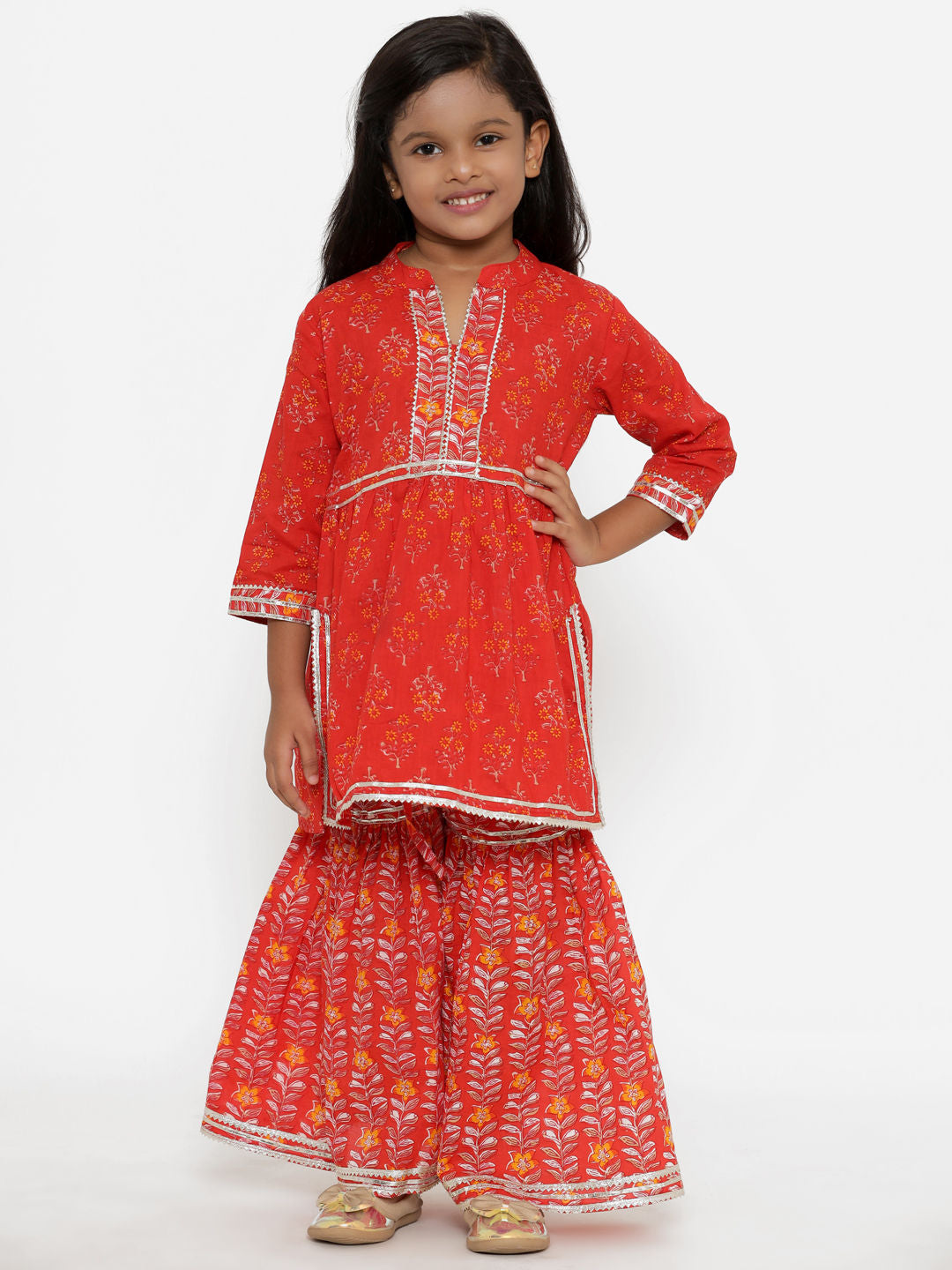 A Line Gathered Red Color Cotton Kurta With Sharara