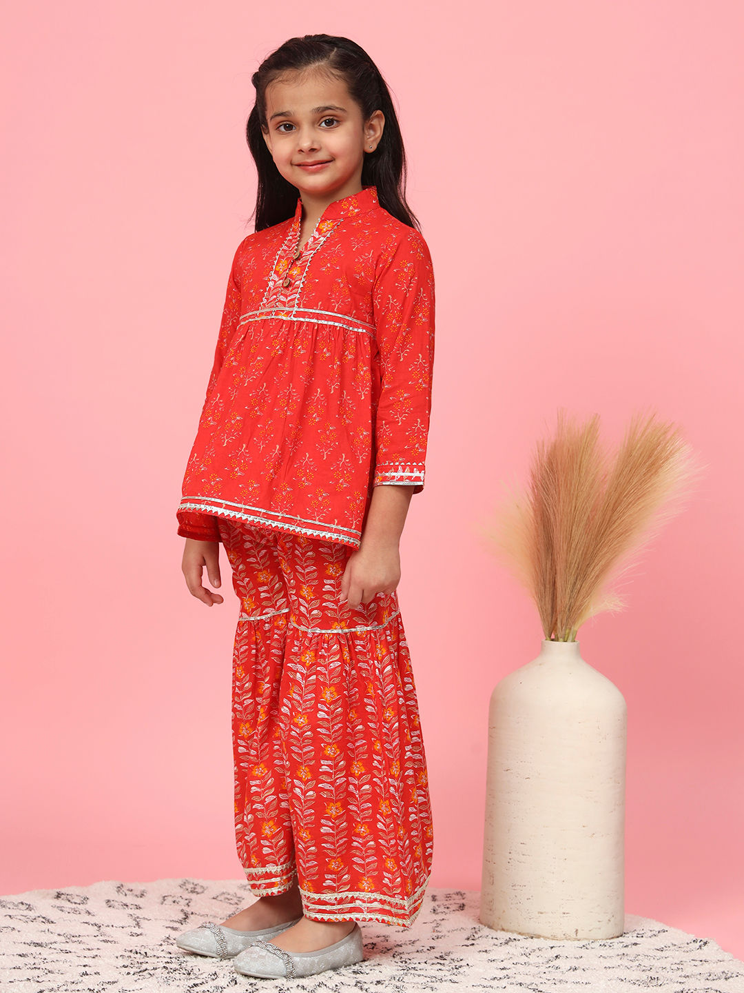 A Line Gathered Red Color Cotton Kurta With Sharara
