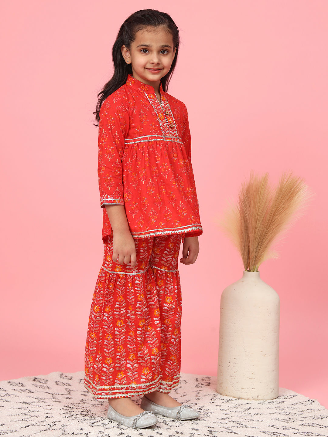 A Line Gathered Red Color Cotton Kurta With Sharara