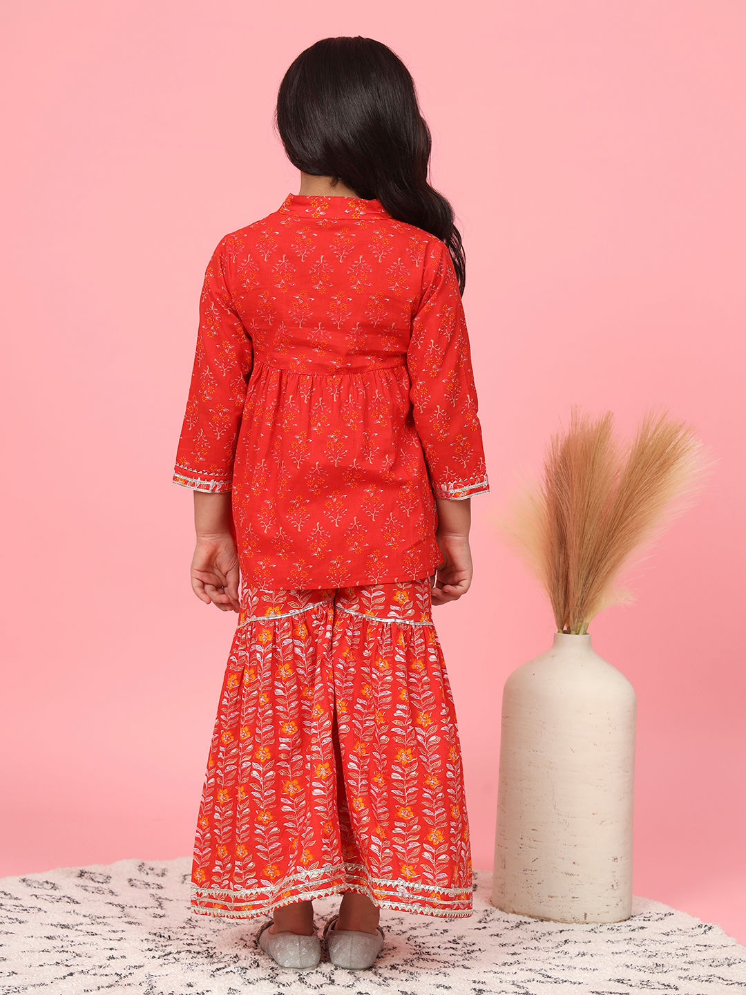 A Line Gathered Red Color Cotton Kurta With Sharara