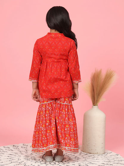 A Line Gathered Red Color Cotton Kurta With Sharara