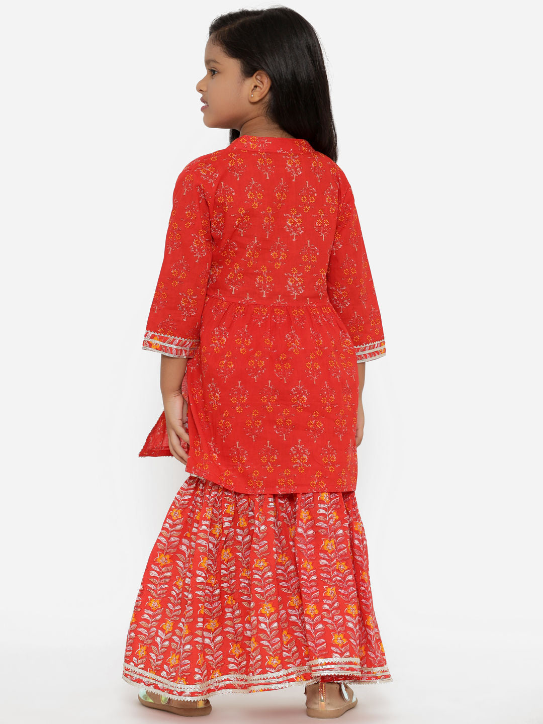 A Line Gathered Red Color Cotton Kurta With Sharara