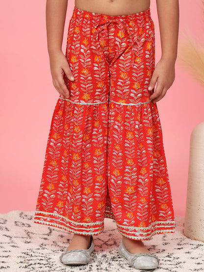 A Line Gathered Red Color Cotton Kurta With Sharara