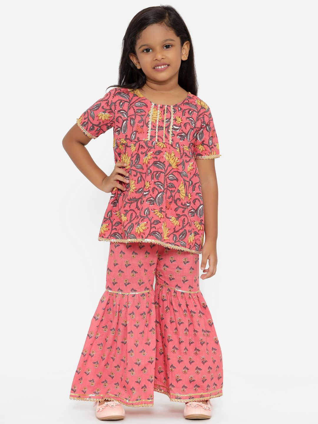 A Line Gathered  Pink  Color Cotton Kurta With Sharara