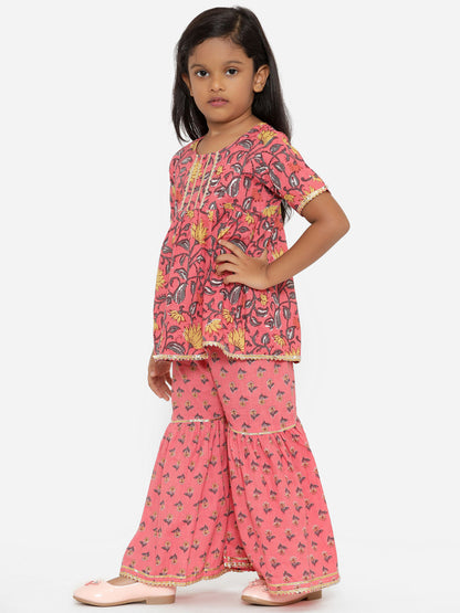 A Line Gathered  Pink  Color Cotton Kurta With Sharara