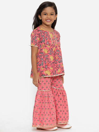 A Line Gathered  Pink  Color Cotton Kurta With Sharara