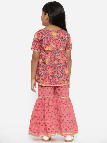 A Line Gathered  Pink  Color Cotton Kurta With Sharara