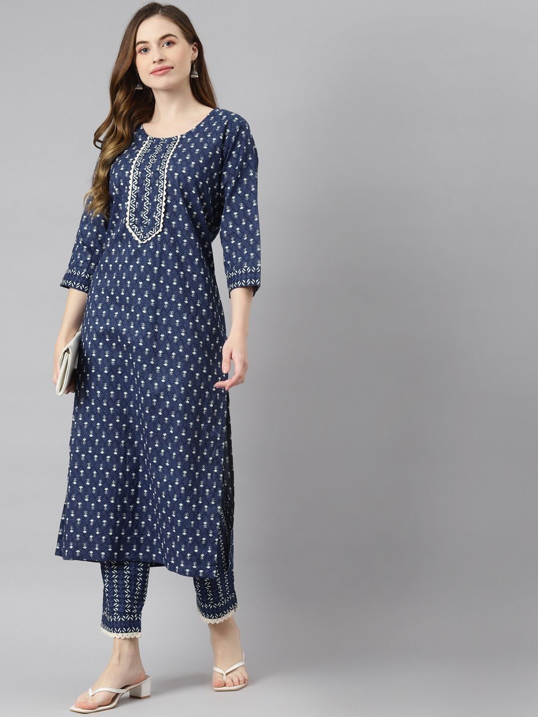 Cotton Fabric Blue Color Straight Style Printed Kurta & Bottom