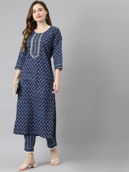 Cotton Fabric Blue Color Straight Style Printed Kurta & Bottom