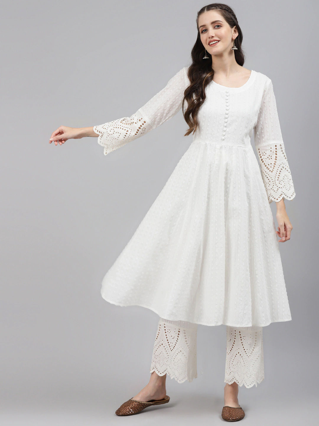 Cotton Fabric White Color Anarkali Style Chikankari Kurta And Bottom