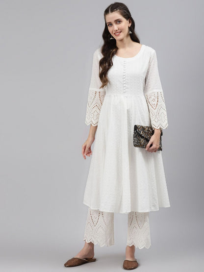 Cotton Fabric White Color Anarkali Style Chikankari Kurta And Bottom