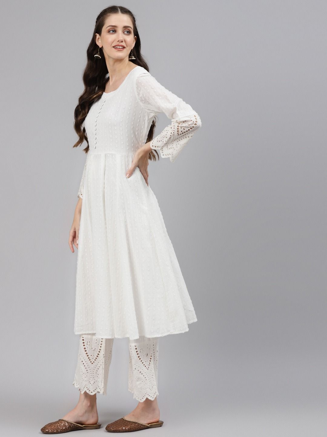 Cotton Fabric White Color Anarkali Style Chikankari Kurta And Bottom