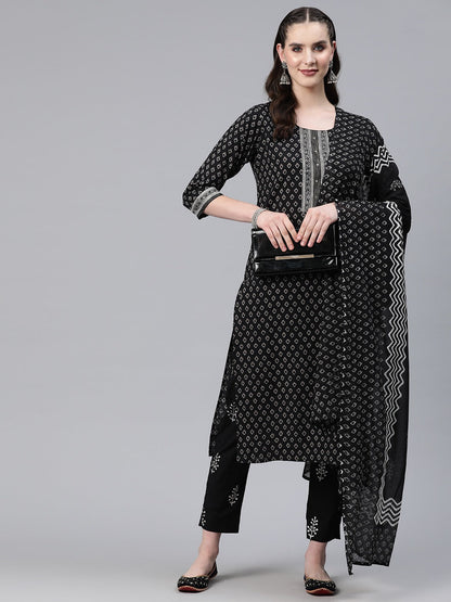Straight Style Cotton Fabric Black Color Kurti And Bottom & Dupatta