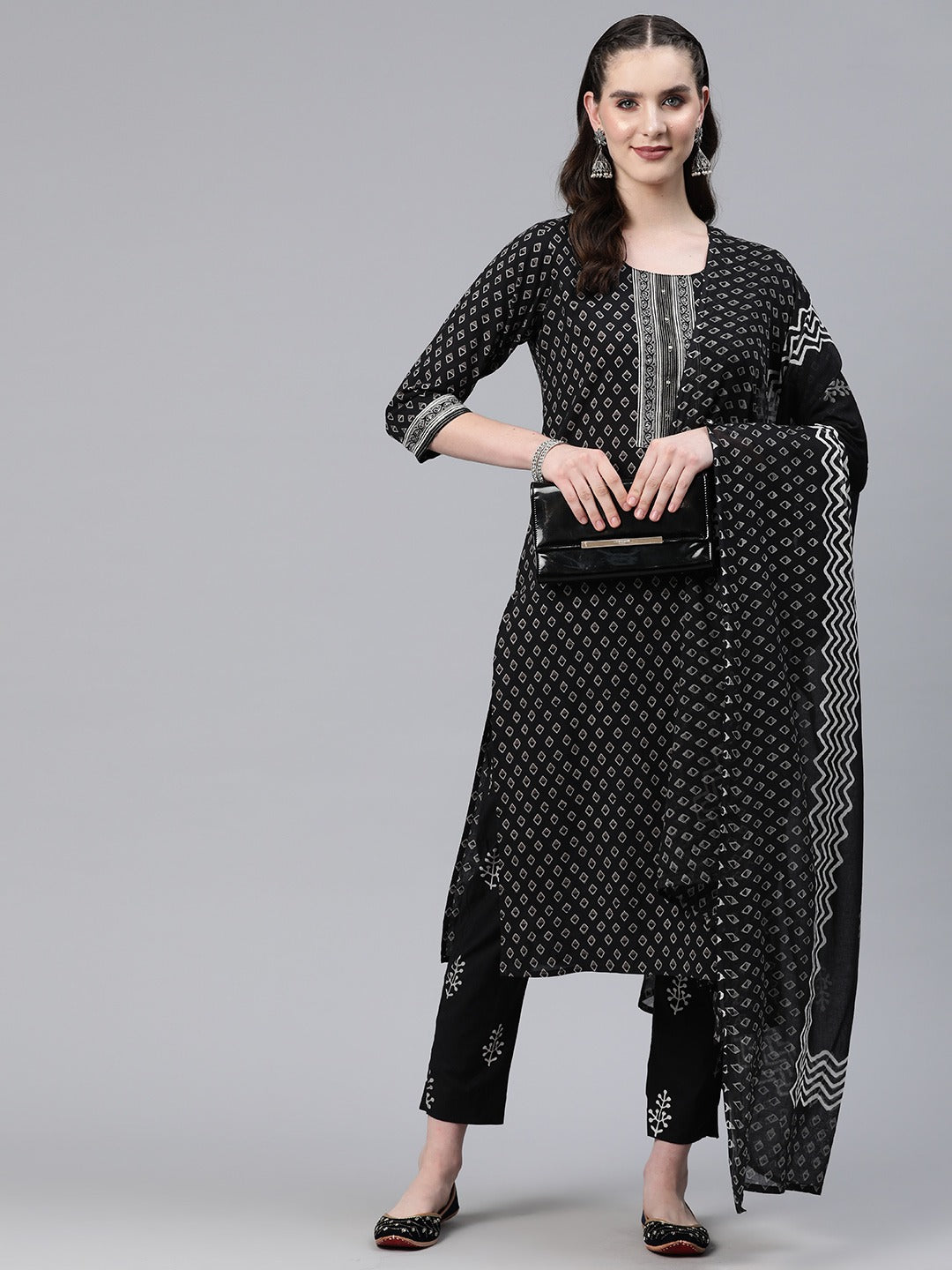Straight Style Cotton Fabric Black Color Kurti And Bottom & Dupatta