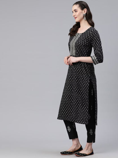 Straight Style Cotton Fabric Black Color Kurti And Bottom & Dupatta