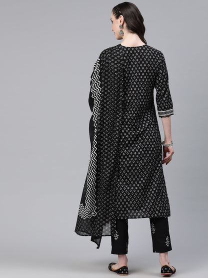 Straight Style Cotton Fabric Black Color Kurti And Bottom & Dupatta