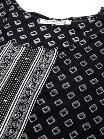 Straight Style Cotton Fabric Black Color Kurti And Bottom & Dupatta
