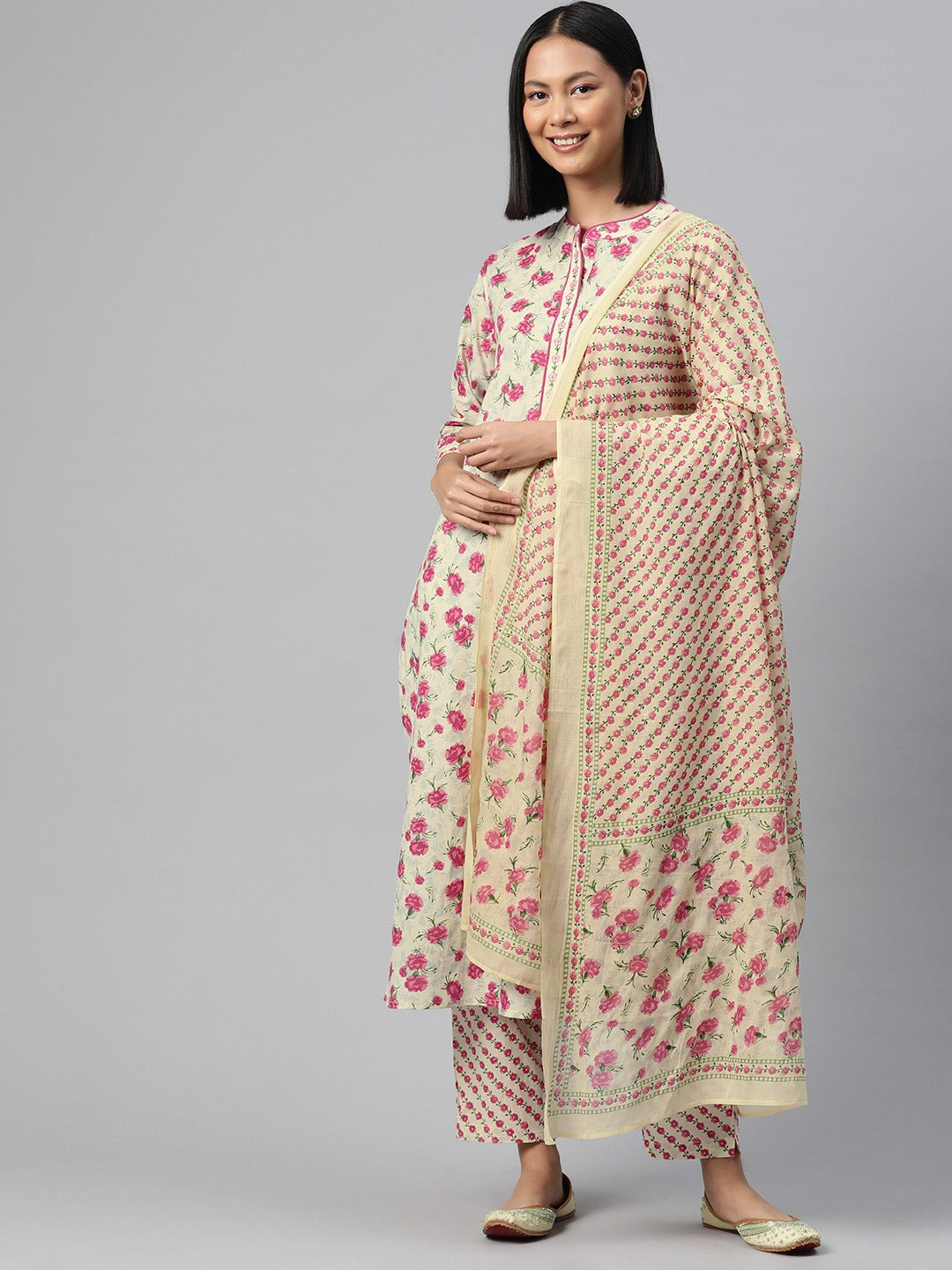 Straight Style Cotton Fabric Cream Color Kurti And Bottom With Dupatta