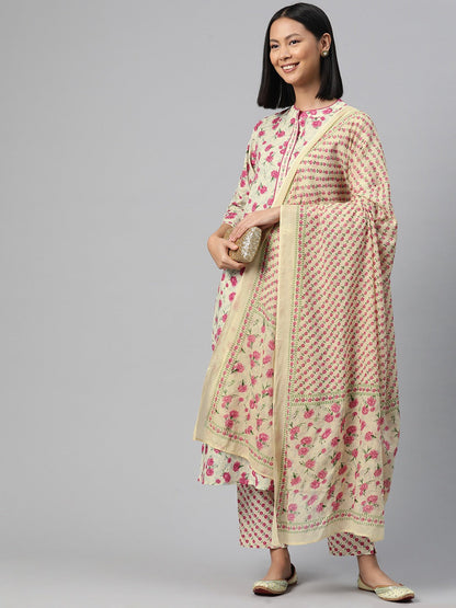 Straight Style Cotton Fabric Cream Color Kurti And Bottom With Dupatta