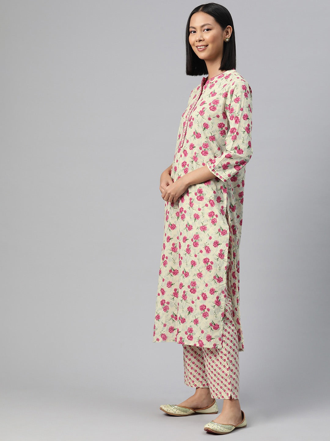 Straight Style Cotton Fabric Cream Color Kurti And Bottom With Dupatta