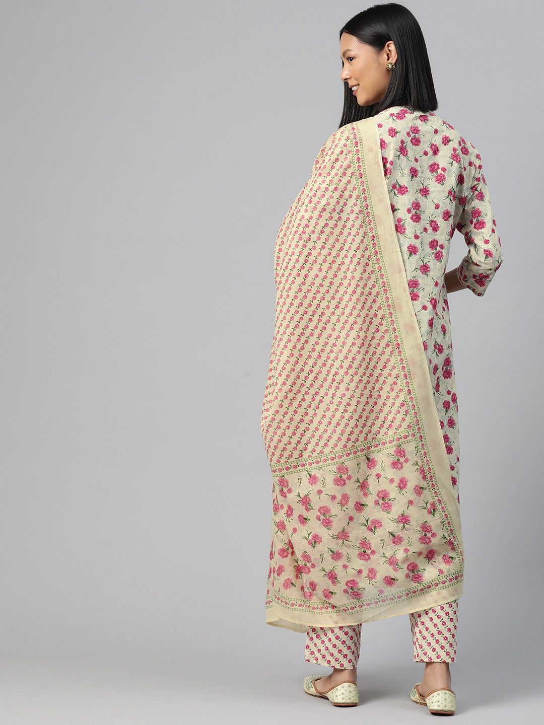 Straight Style Cotton Fabric Cream Color Kurti And Bottom With Dupatta