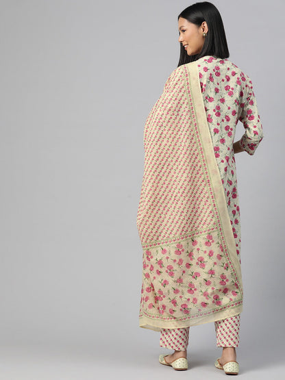 Straight Style Cotton Fabric Cream Color Kurti And Bottom With Dupatta