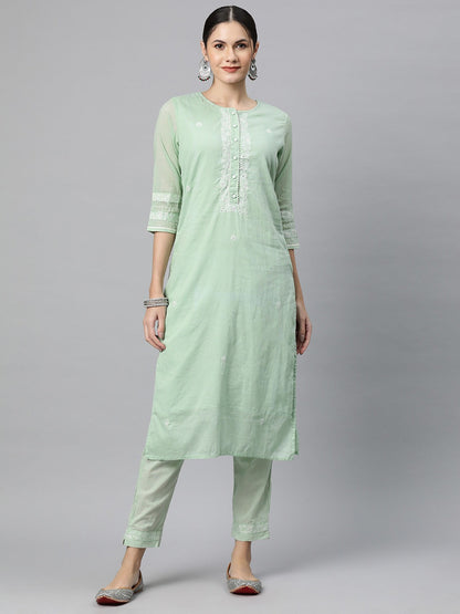 Straight Style Cotton Fabric Green Color Kurti Bottom