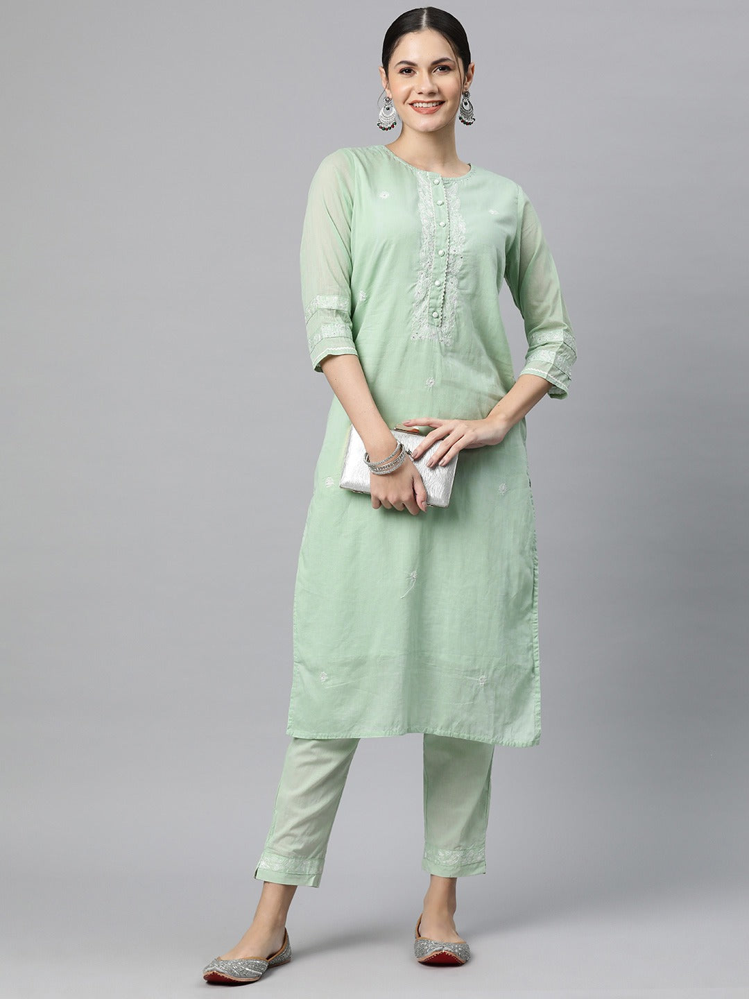 Straight Style Cotton Fabric Green Color Kurti Bottom